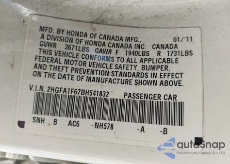 2011 Honda Civic Lx-S from USA, damaged, VIN 2HGFA1F67BH541832